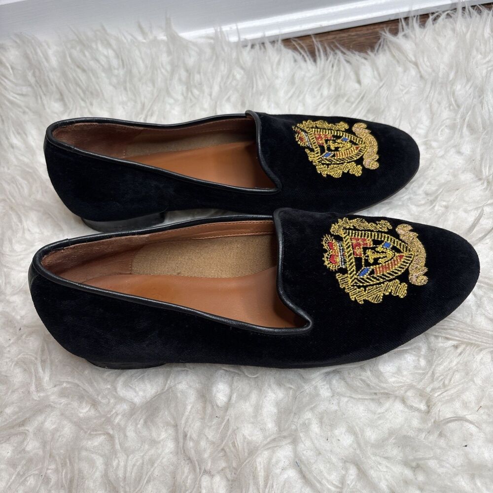 Jon Josef Black Velvet Gatsby Shield Emblem Leather Loafers Flats Shoes Size 7.5 - Picture 4 of 16